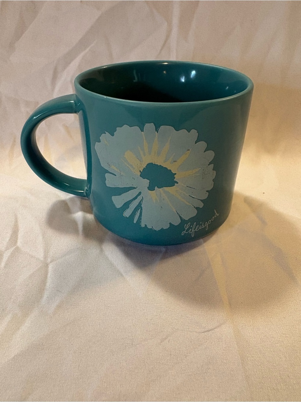 Life Is Good Teal Blue Floral Ceramic Mug